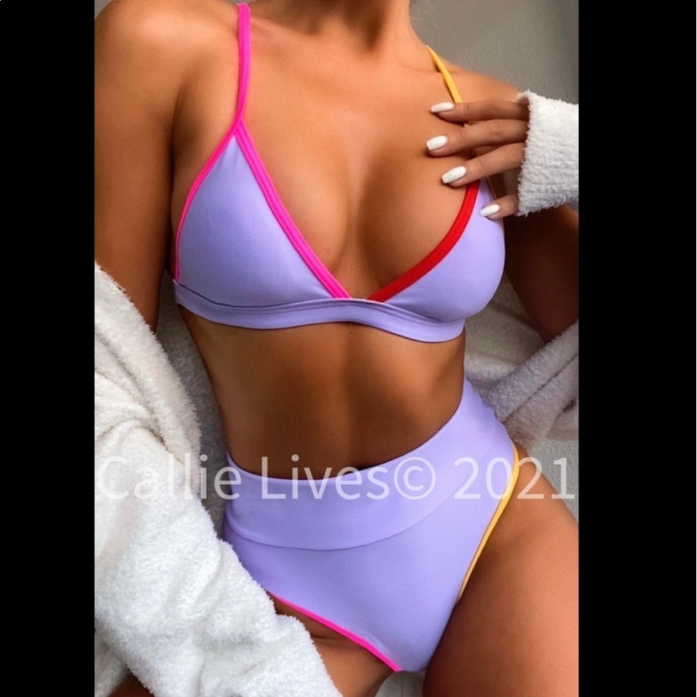 New! Clearance 🔥 Lavender Contrast High Waist Thong Bikini - Picture 2 of 6